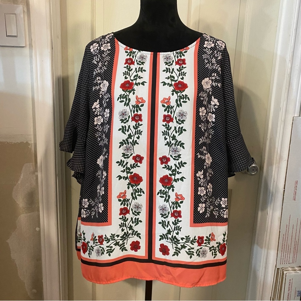 Liz Claiborne Dolman Black Top Boho Tunic Blouse Floral sleeve contrasting 2X